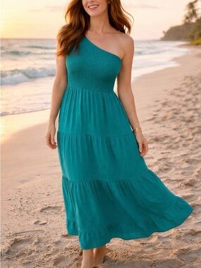 Women’s One-Shoulder Teal Tiered Maxi Dress